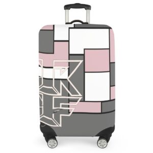 A stylish geometric suitcase featuring a blush, white, and gray pattern with bold accents. Equipped with 360° spinner wheels and a durable, lightweight frame, this carry-on-friendly suitcase combines functionality with a chic, modern design.