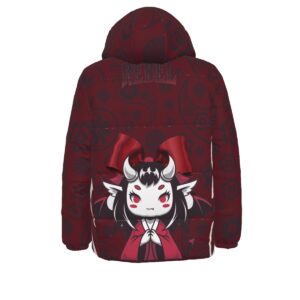 A deep crimson puffer jacket featuring a playful demon-inspired design with white horns, bat wings, and a red bow on the chest. The jacket has a soft padded texture, a zip-up front, and a hood lined with the same patterned crimson fabric. Stylish and warm, it blends sweet and edgy elements seamlessly.