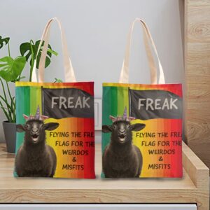 Freak Flag Rainbow Tote Bag with colorful gradient design, black sheep unicorn graphic, and empowering 'Weirdos & Misfits' message.