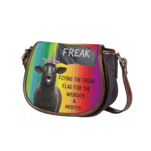 Freak Flag Rainbow Tambourin Bag with Single Strap featuring vibrant design, black sheep unicorn graphic, and empowering text.