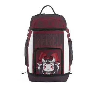 A bold burgundy and black backpack featuring a demon girl design from the Sweetly Sinister collection. Combines edgy style with practical functionality.