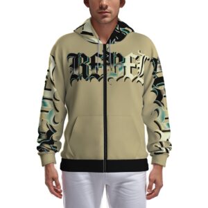 A beige zip-up hoodie with bold 'Rebel' typography across the chest and camo-inspired accents on the sleeves. The hoodie features a black zipper, cuffs, and hem for contrast. Designed for comfort and style, it’s perfect for casual streetwear looks.