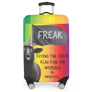 Freak Flag Rainbow All-Over Print Luggage Cover with adjustable belt, featuring vibrant rainbow gradient and quirky black sheep unicorn design