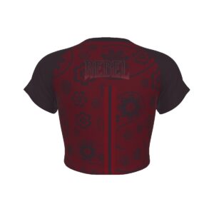 Sweetly Sinister paisley crop top with crimson and black all-over print design and raglan sleeves.