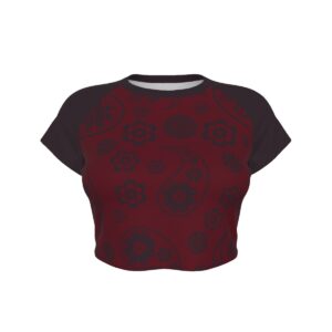 Sweetly Sinister paisley crop top with crimson and black all-over print design and raglan sleeves.