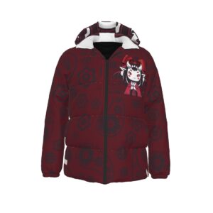 A deep crimson puffer jacket featuring a playful demon-inspired design with white horns, bat wings, and a red bow on the chest. The jacket has a soft padded texture, a zip-up front, and a hood lined with the same patterned crimson fabric. Stylish and warm, it blends sweet and edgy elements seamlessly.