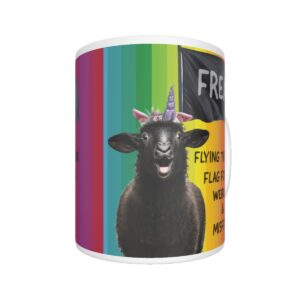 Freak Flag 11oz Ceramic Mug featuring a rainbow background, black sheep with a unicorn horn, and empowering 'Weirdos & Misfits' message