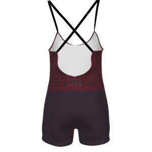 Sweetly Sinister Demon Darling romper with deep red tones, adjustable straps, and playful dark graphic.