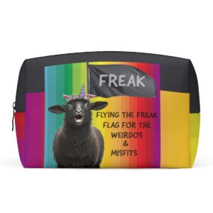 Freak Flag Rainbow PU Cosmetic Bag with vibrant rainbow gradient, quirky black sheep unicorn graphic, and empowering slogan.