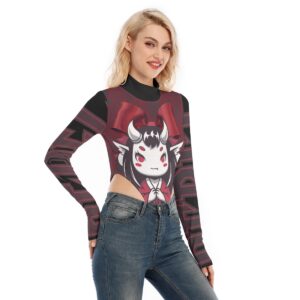 Sweetly Sinister women's turtleneck jumpsuit featuring a demon character design with bold black and red all-over print.