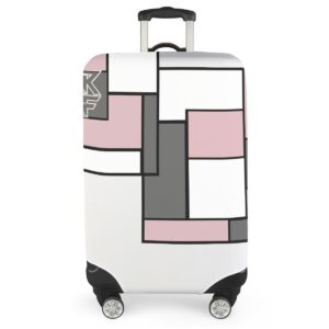 A stylish geometric suitcase featuring a blush, white, and gray pattern with bold accents. Equipped with 360° spinner wheels and a durable, lightweight frame, this carry-on-friendly suitcase combines functionality with a chic, modern design.