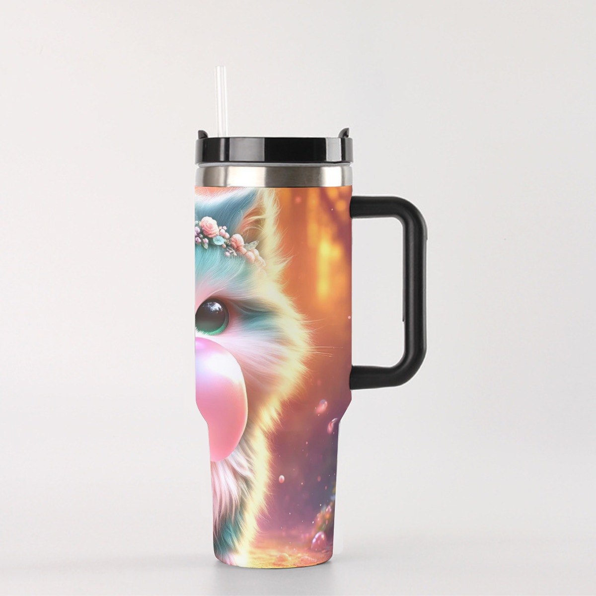 This tumbler features a teal-colored kitten in a floral crown blowing a bubblegum bubble, set against a soft glowing woodland background. The vibrant design and durable construction make this the perfect gift for cat lovers and anyone who enjoys a quirky, fun aesthetic in their drinkware.