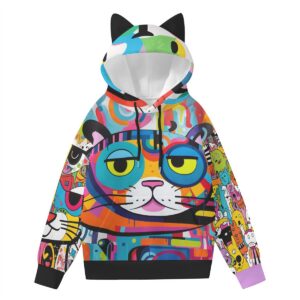 Bring playful energy to your wardrobe with the Pop Cat Hoodie with Ears. Featuring colorful cat graphics and whimsical ear details, this hoodie is perfect for adding fun and creativity to your everyday style.