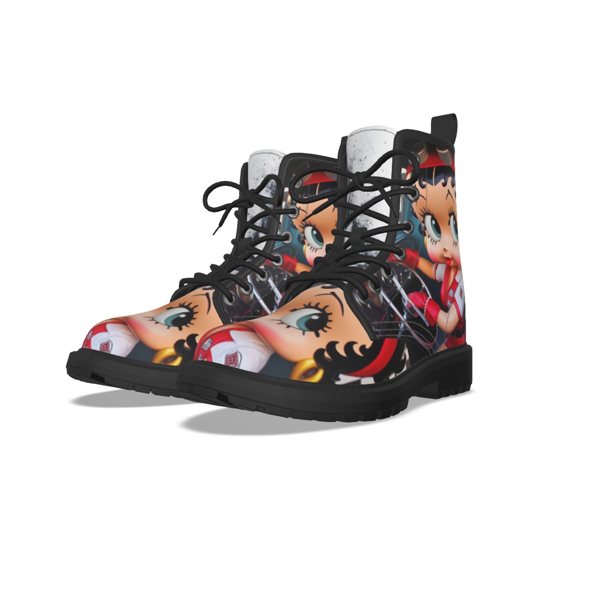 Take a ride with Betty Boop in the Betty Boop Racer Martin Boots. Featuring a high-quality racer-themed graphic and a durable lace-up design, these boots offer a bold twist to everyday footwear.