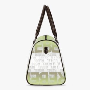 Rebel Pulse Duffel Bag featuring a green-to-white gradient Rebel typography design with leather handles and adjustable shoulder strap.