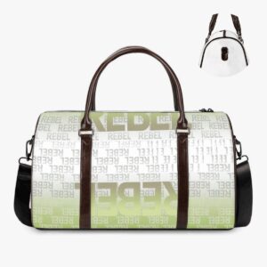 Rebel Pulse Duffel Bag featuring a green-to-white gradient Rebel typography design with leather handles and adjustable shoulder strap.