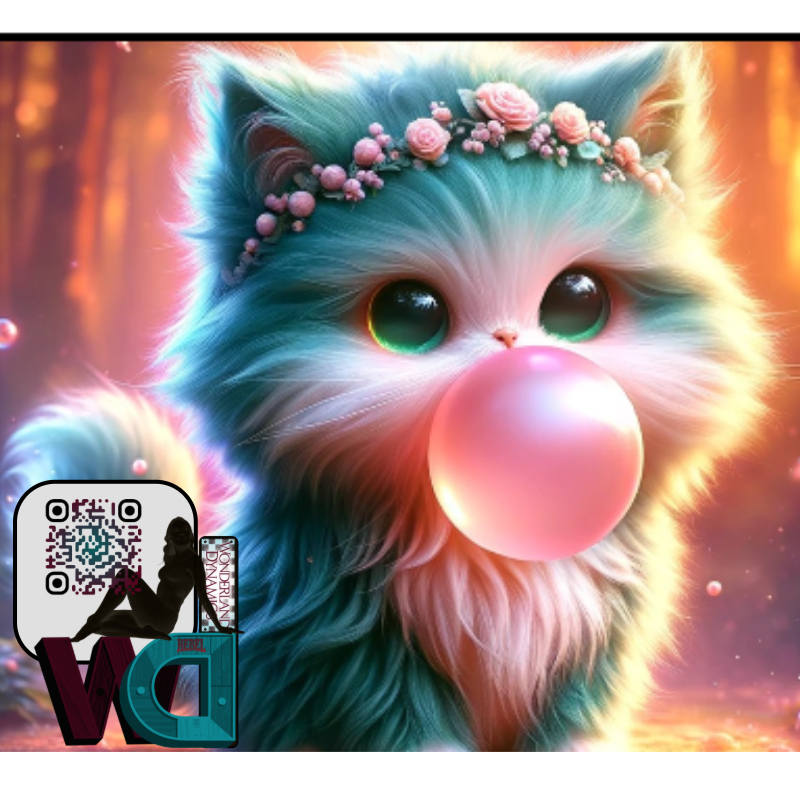 This tumbler features a teal-colored kitten in a floral crown blowing a bubblegum bubble, set against a soft glowing woodland background. The vibrant design and durable construction make this the perfect gift for cat lovers and anyone who enjoys a quirky, fun aesthetic in their drinkware.