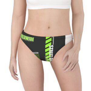 Make a bold statement with the Street Style Thong Underwear, featuring a sleek black design accented by vibrant neon green and white graphic elements.