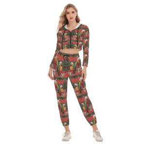 Unleash your wild side this holiday season with the Parrot Parade Holiday Co-ord Set! This bold two-piece outfit features a cropped zip-up jacket and matching joggers decked out with colorful parrots and festive accents