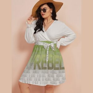 Step into elegance with the Rebel Pulse V-Neck Wrap Dress, where bold design meets sophisticated style. The stunning green-to-white gradient Rebel typography print creates a striking contrast against the soft white wrap-style bodice.