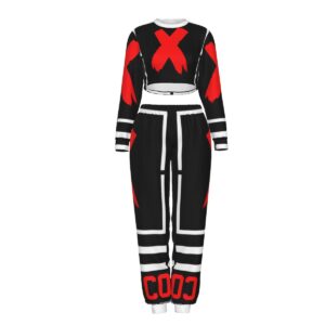 A bold two-piece set featuring a cropped long-sleeve top and joggers with red "X" graphics, part of the Don’t Apply collection, offering comfort and edgy style.