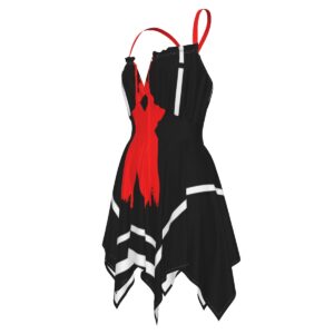 Introducing The Thong Dress: Don’t Apply, a head-turning asymmetrical design with bold red splashes and geometric white accents. This sultry dress, with its criss-cross straps, is made for rule-breakers and trendsetters.