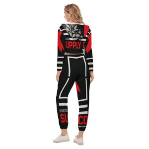 A bold cropped hoodie and jogger set with red "X" graphics and sleek black and white accents, part of the Don’t Apply collection, perfect for urban chic looks.