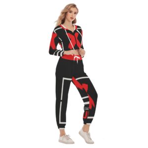 A bold cropped hoodie and jogger set with red "X" graphics and sleek black and white accents, part of the Don’t Apply collection, perfect for urban chic looks.