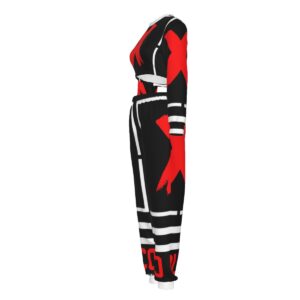 A bold two-piece set featuring a cropped long-sleeve top and joggers with red "X" graphics, part of the Don’t Apply collection, offering comfort and edgy style.