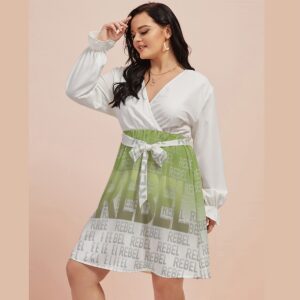 Step into elegance with the Rebel Pulse V-Neck Wrap Dress, where bold design meets sophisticated style. The stunning green-to-white gradient Rebel typography print creates a striking contrast against the soft white wrap-style bodice.