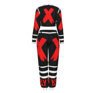 A bold two-piece set featuring a cropped long-sleeve top and joggers with red "X" graphics, part of the Don’t Apply collection, offering comfort and edgy style.