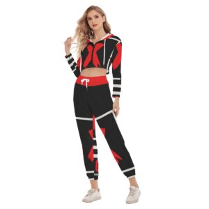 A bold cropped hoodie and jogger set with red "X" graphics and sleek black and white accents, part of the Don’t Apply collection, perfect for urban chic looks.