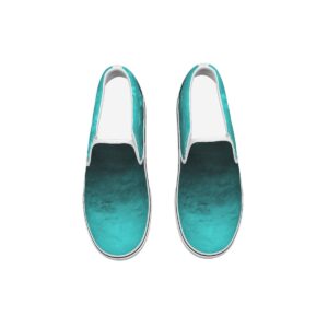 Overhead view of teal gradient slip-on shoes, part of the Vivid Blooms collection, featuring bold tones for a stylish, comfortable look.