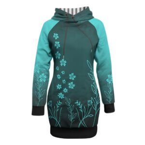 Elevate your cozy game with the Vivid Blooms & Bold Souls Floral Hoodie Dress. With its floral details and teal gradient, this dress is perfect for adding a bold touch to your everyday style.