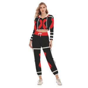 A bold cropped hoodie and jogger set with red "X" graphics and sleek black and white accents, part of the Don’t Apply collection, perfect for urban chic looks.