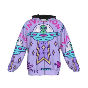 Blast off in style with the Alien Invasion Heavy Fleece Hoodie. With its colorful UFO graphics and whimsical space-inspired design, this hoodie is a must-have for anyone who loves standing out. Made from warm and durable fleece, it's perfect for chilly days or adding a splash of extraterrestrial charm to your wardrobe.