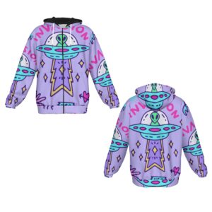 Blast off in style with the Alien Invasion Heavy Fleece Hoodie. With its colorful UFO graphics and whimsical space-inspired design, this hoodie is a must-have for anyone who loves standing out. Made from warm and durable fleece, it's perfect for chilly days or adding a splash of extraterrestrial charm to your wardrobe.