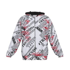 Step into the spotlight with the Trending Now Heavy Fleece Zip Hoodie. Its unique newspaper-print design and vivid splashes of red create a standout look that’s impossible to ignore. Made with premium fleece, this hoodie 