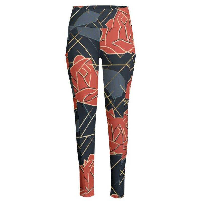 The Rose Noir High-Waisted Leggings bring a dramatic flair to your activewear collection. With a bold rose motif and golden geometric details, these leggings are as functional as they are fashionable.