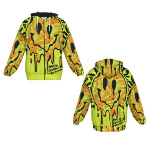 Add some psychedelic flair to your wardrobe with the Glow Drip Shroomin' Heavy Fleece Zip Hoodie. This eye-popping hoodie boasts neon colors, mesmerizing patterns, and a bold dripping smiley face. Perfect for festivals, chilly outings, or just showing off your unique style, this heavy fleece hoodie keeps you cozy and stylish all day. It’s your new go-to for bold, cozy vibes.