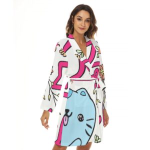 Elevate your cozy moments with this Colorful Cartoon Cat and Floral Robe. Showcasing a unique mix of quirky illustrations and bright colors, this robe is a perfect blend of comfort and personality. Wrap yourself in soft fabric while expressing your playful side!