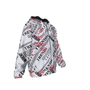 Step into the spotlight with the Trending Now Heavy Fleece Zip Hoodie. Its unique newspaper-print design and vivid splashes of red create a standout look that’s impossible to ignore. Made with premium fleece, this hoodie 