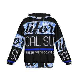 Step into the sunshine with the California Coastal Sun Hoodie, a perfect blend of modern graphics and coastal cool. Featuring sleek black tones complemented by crisp blue and white accents, this hoodie is a celebration of California’s carefree lifestyle. Lightweight yet warm, it’s your ideal companion for every adventure.