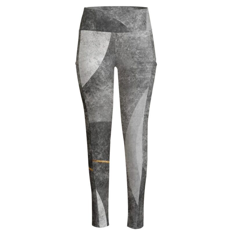 The Monochrome Elegance Leggings bring art to your athleisure with their modern abstract design in gray tones, highlighted by delicate gold details. Designed with a high-waisted fit, they provide support and style for both active and relaxed days.