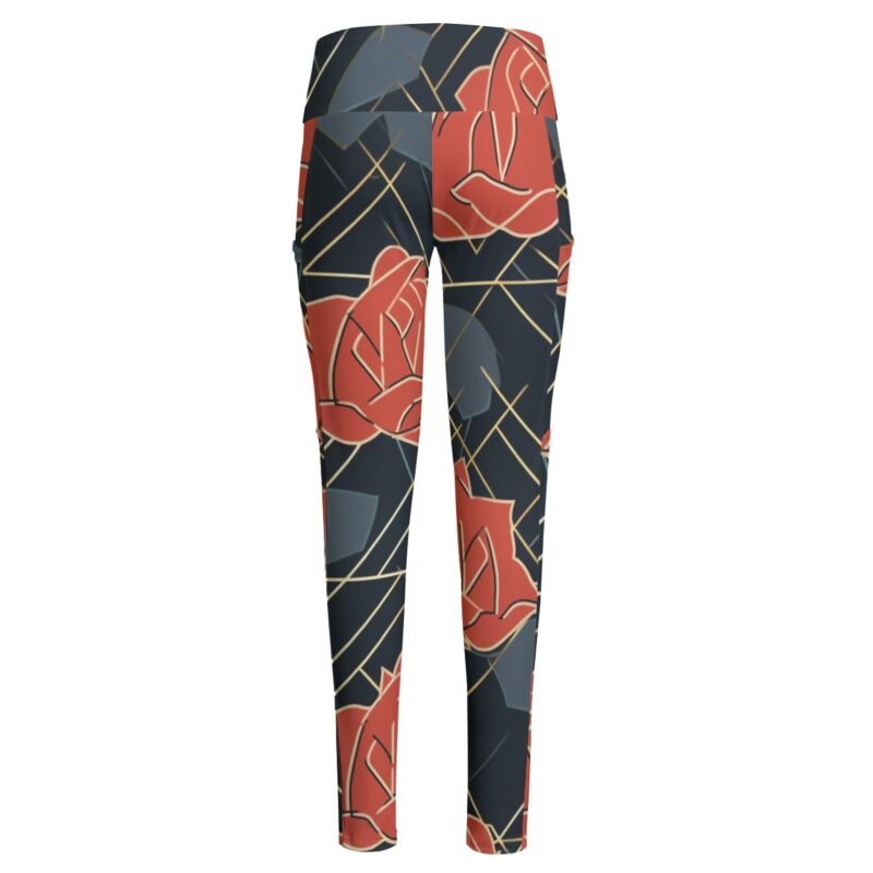 The Rose Noir High-Waisted Leggings bring a dramatic flair to your activewear collection. With a bold rose motif and golden geometric details, these leggings are as functional as they are fashionable.