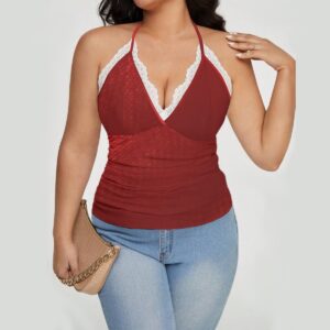 Turn up the charm with this Red Lace-Trim Halter Top, featuring a plunging neckline and soft ruching for a figure-flattering fit. Whether paired with jeans for a casual look or a skirt for an evening out, this top is versatile and chic.