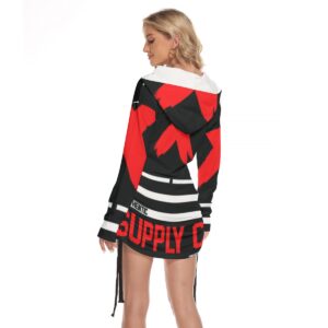 A bold cold-shoulder hoodie dress with red "X" graphics and "SUPPLY" branding, part of the Don’t Apply collection, ideal for edgy streetwear looks.