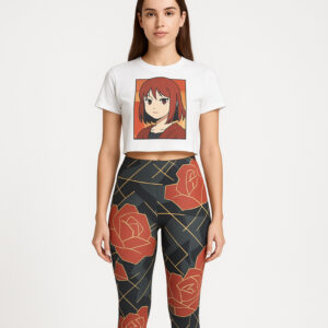 The Rose Noir High-Waisted Leggings bring a dramatic flair to your activewear collection. With a bold rose motif and golden geometric details, these leggings are as functional as they are fashionable.