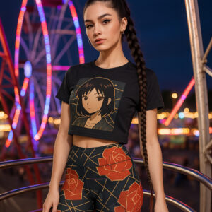 The Rose Noir High-Waisted Leggings bring a dramatic flair to your activewear collection. With a bold rose motif and golden geometric details, these leggings are as functional as they are fashionable.