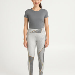Step into elegance with the Gold-Trimmed Geometric Leggings, featuring a modern marble-like design in muted tones highlighted by gold geometric lines. Crafted for ultimate comfort and versatility, they’re perfect for yoga, fitness, or a chic athleisure look.
